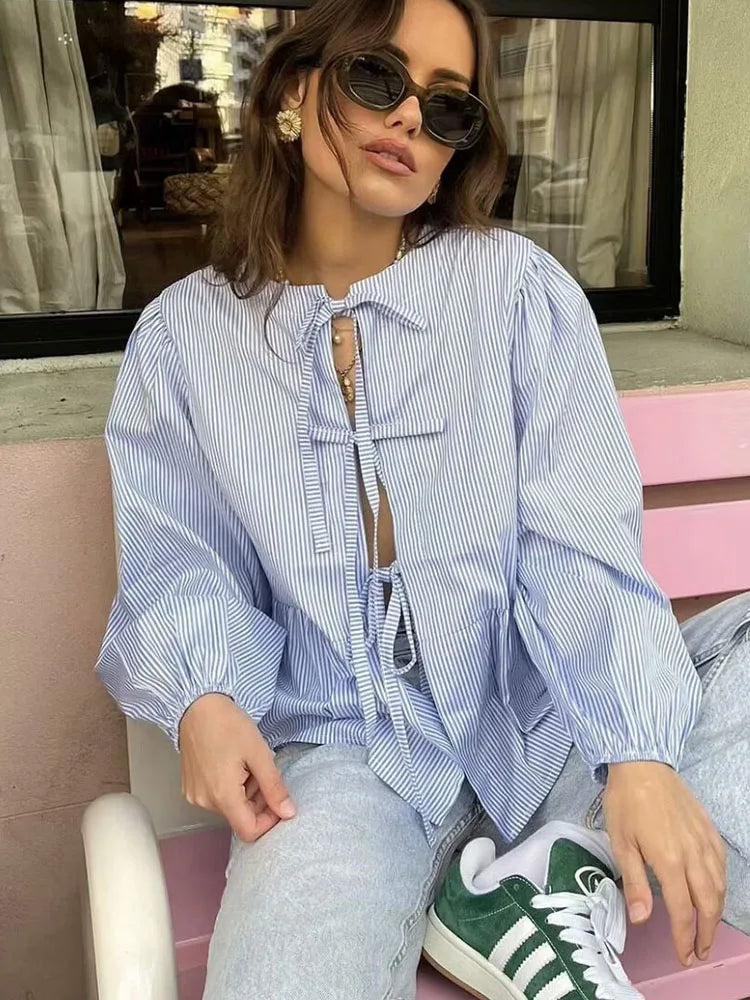 Striped Puff Sleeve Holiday Blouse - Fashionpara