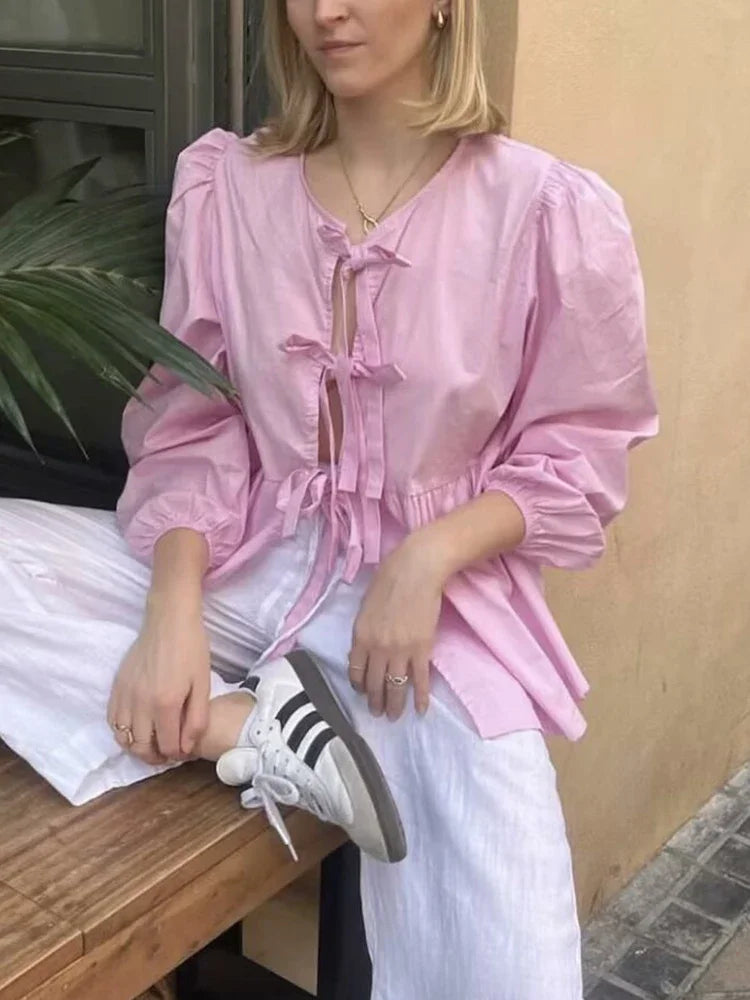 Vintage Puff Sleeve Bow Button Blouse