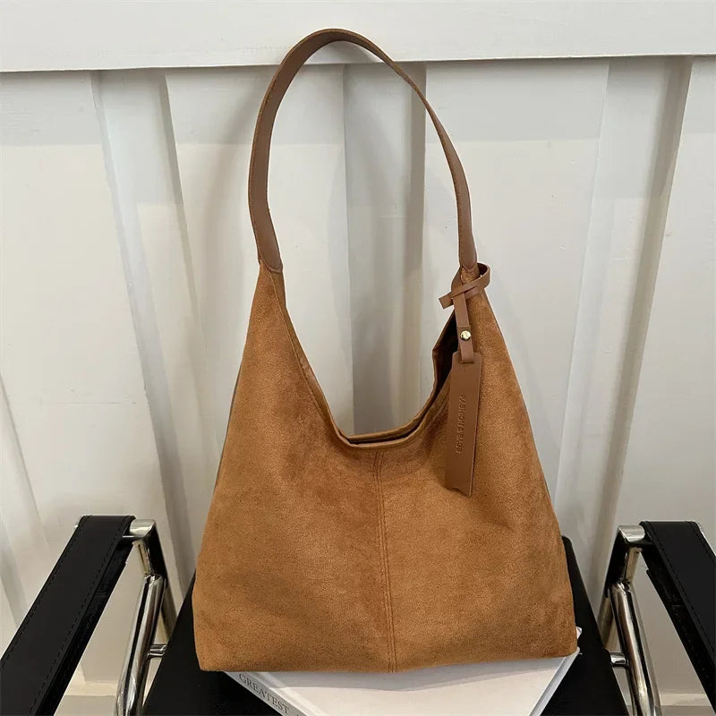 Vintage Faux Suede Large Shoulder Tote Bag