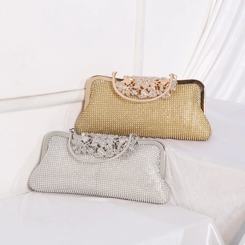 Vintage Rhinestone Flower Kiss Lock Clutch Bag