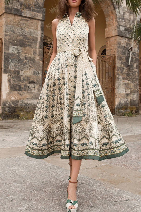 Vintage Button Down Lace-up Lapel Printed Dress - Mislish