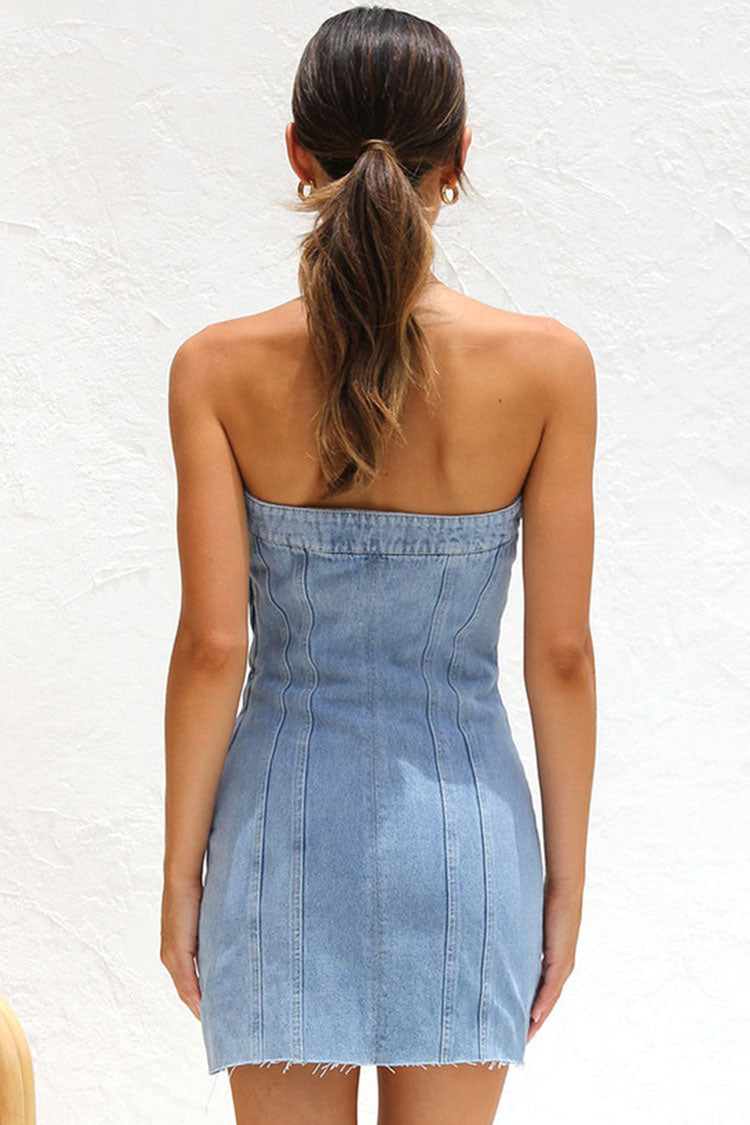 Vintage Distressed Banded Strapless Denim Bodycon Mini Dress - Light Blue Fashionpara