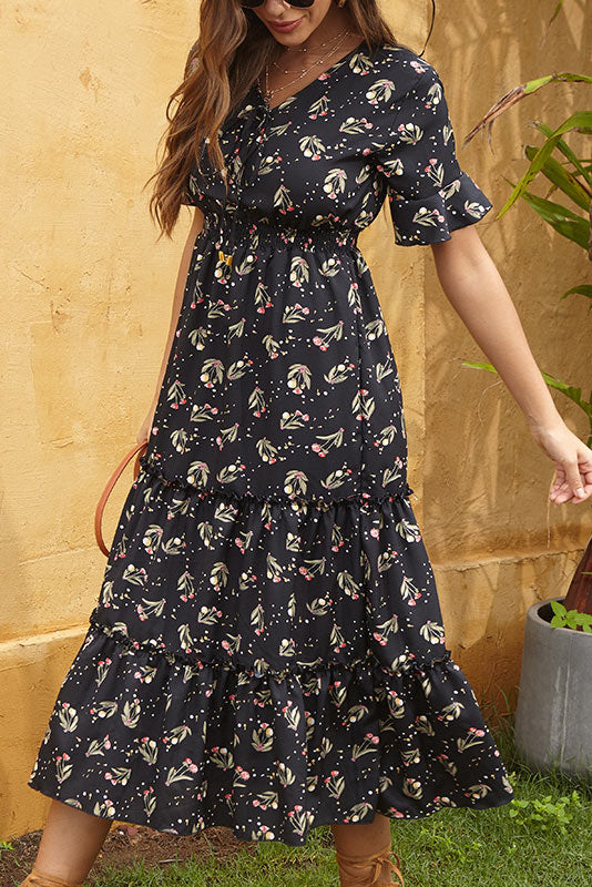 Vintage Printed Frilled Waist Long Dress - Mislish