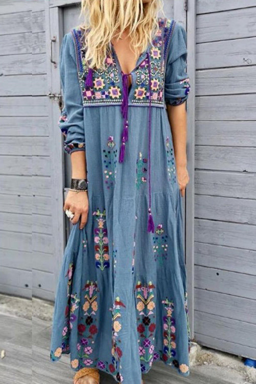 V-neck Tassel Embroidery Maxi Dress - Mislish
