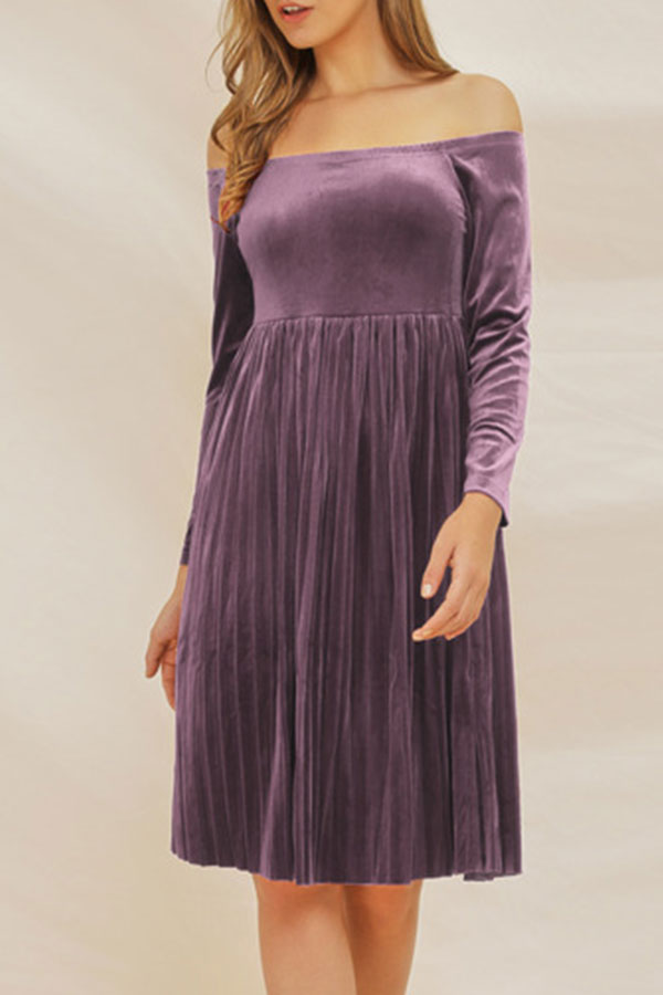 Vintage Off-the-shoulder Velvet Pleated Dress - Mislish