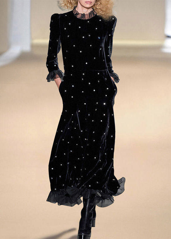 Vogue Black Turtleneck Nail Bead Silk Velvet Maxi Dress Spring