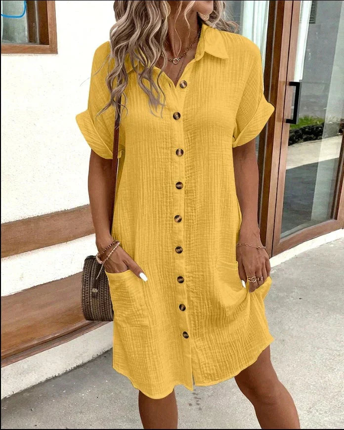 Crinkle Texture Button Front Collared Patch Pocket Shirt Mini Dress - View 2