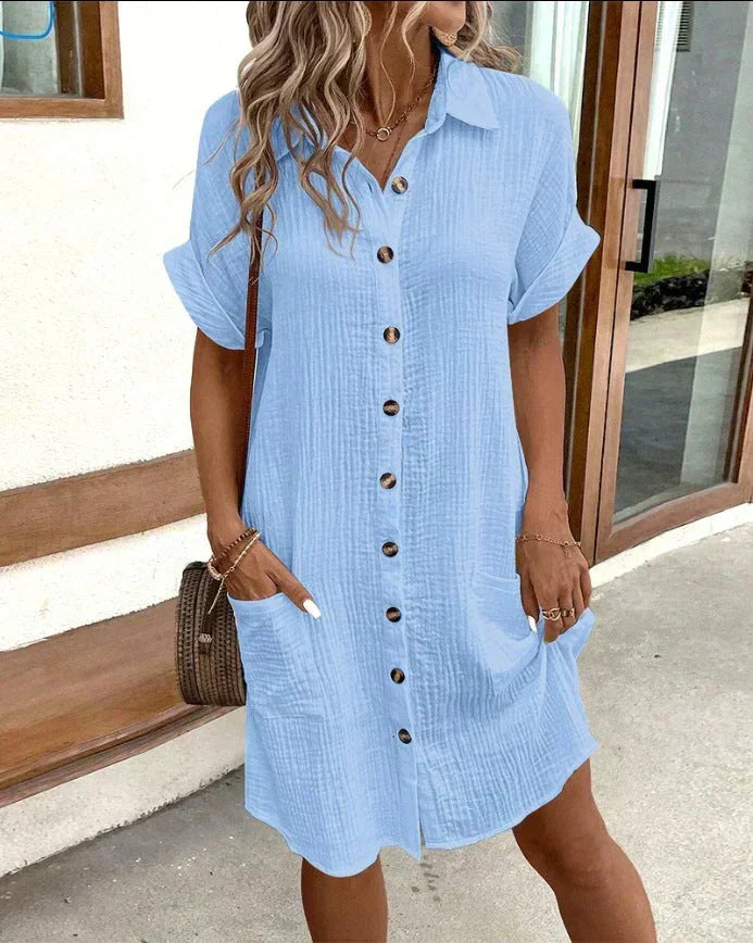 Crinkle Texture Button Front Collared Patch Pocket Shirt Mini Dress - View 3