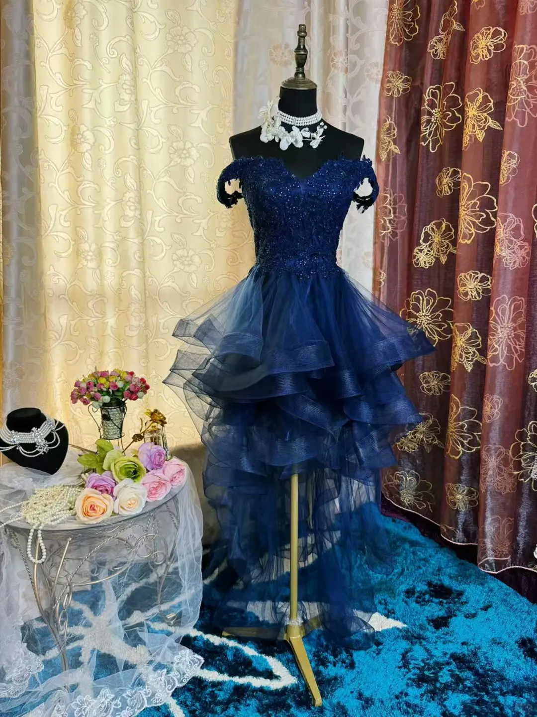 Vintage Navy Blue Tulle Appliques A Line Short Homecoming Dress Off The Shoulder 19th Birthday Outfits D725