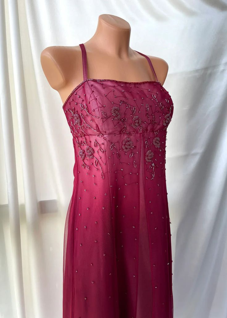 Pretty Spaghetti Straps Ombre Hot Pink Satin Beaded A Line Long Evening Dress Birthday Party Dress D1534