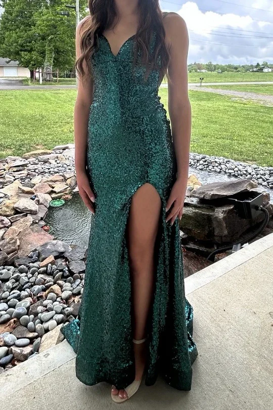 Vintage Green Spaghetti Strap V Neck Sequin Mermaid Slit Evening Dress Long Party Dress D1437