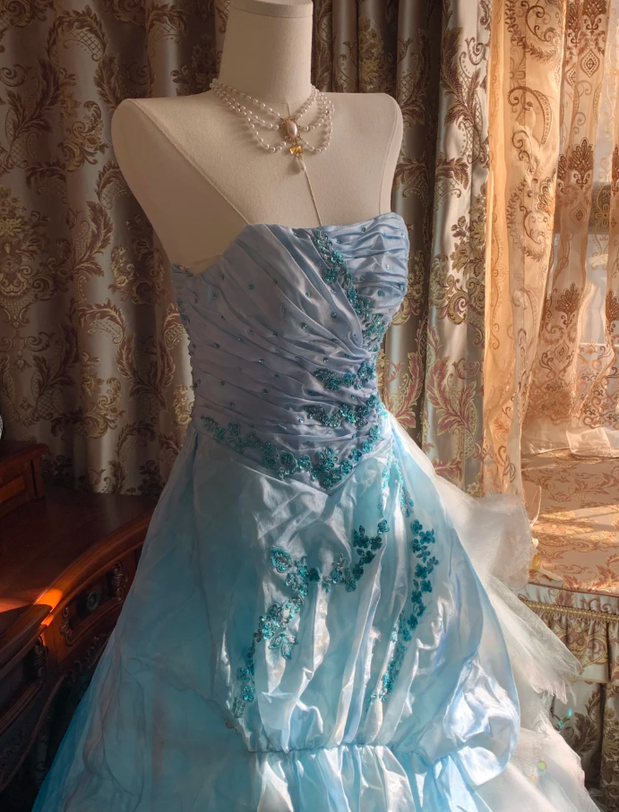 Elegant Blue Strapless Tulle Satin Appliques Long Party Dress Birthday Prom Gown D1772