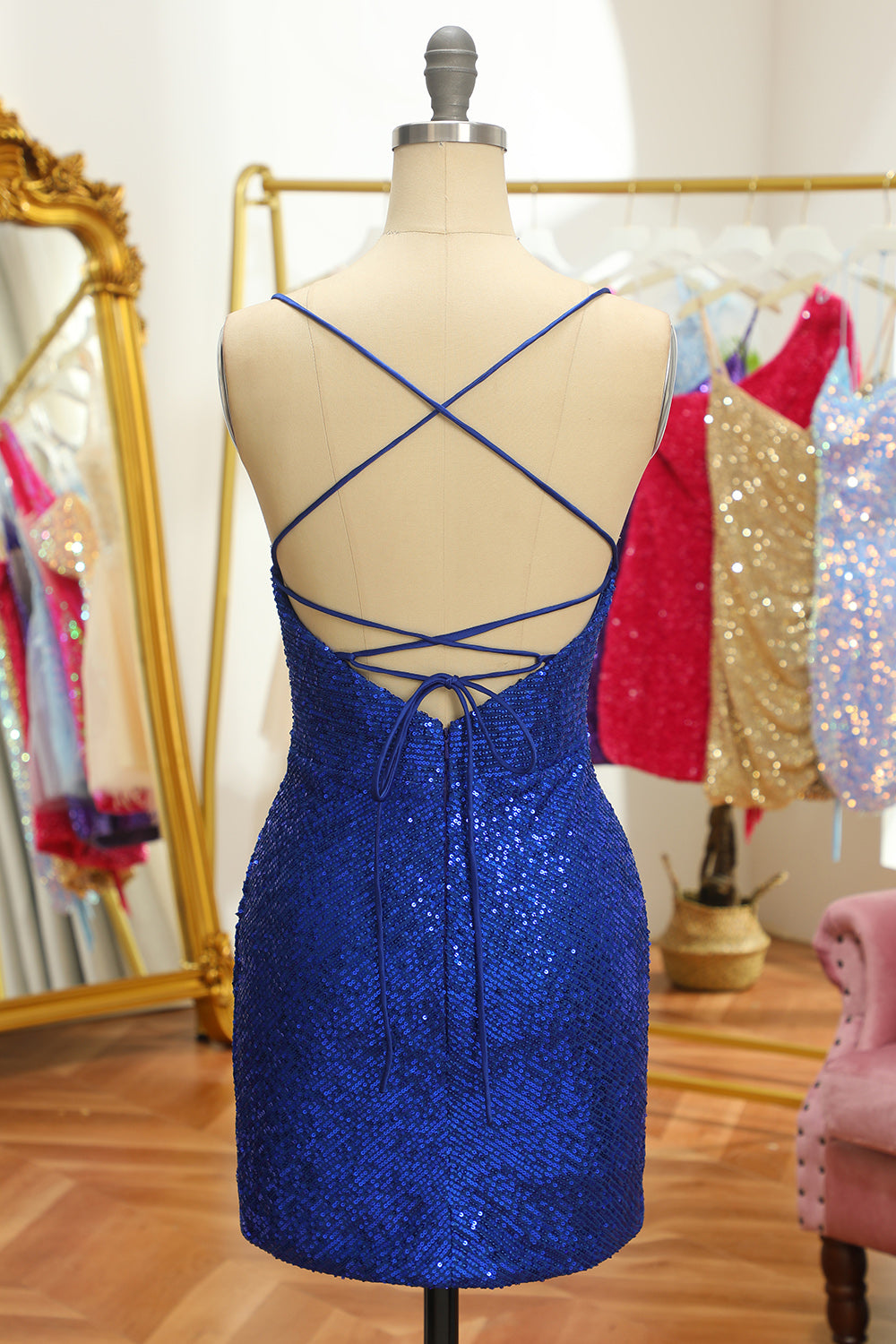 Blue Sequins Tight Backless Short Homecoming Dress - Fashionpara