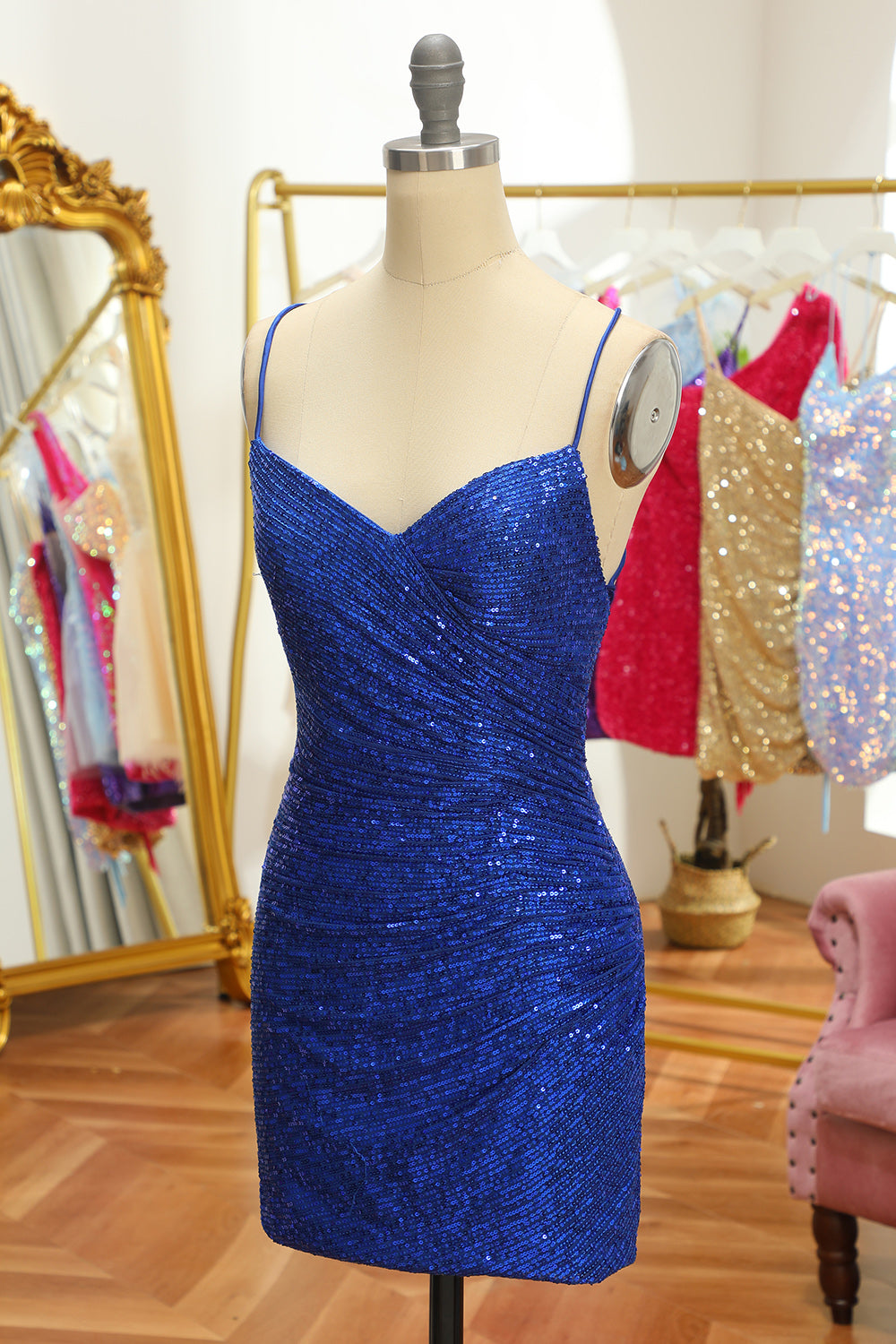 Blue Sequins Tight Backless Short Homecoming Dress - Fashionpara