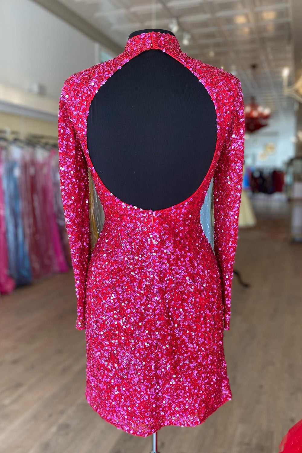 Fuchsia Bodycon Long Sleeve Homecoming Dress With Sequins - Fashionpara