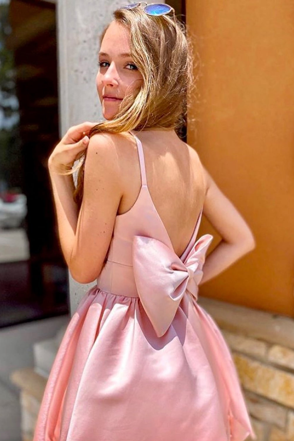 Pink A-line Spaghetti Straps Homecoming Dress With Bowtie - Fashionpara