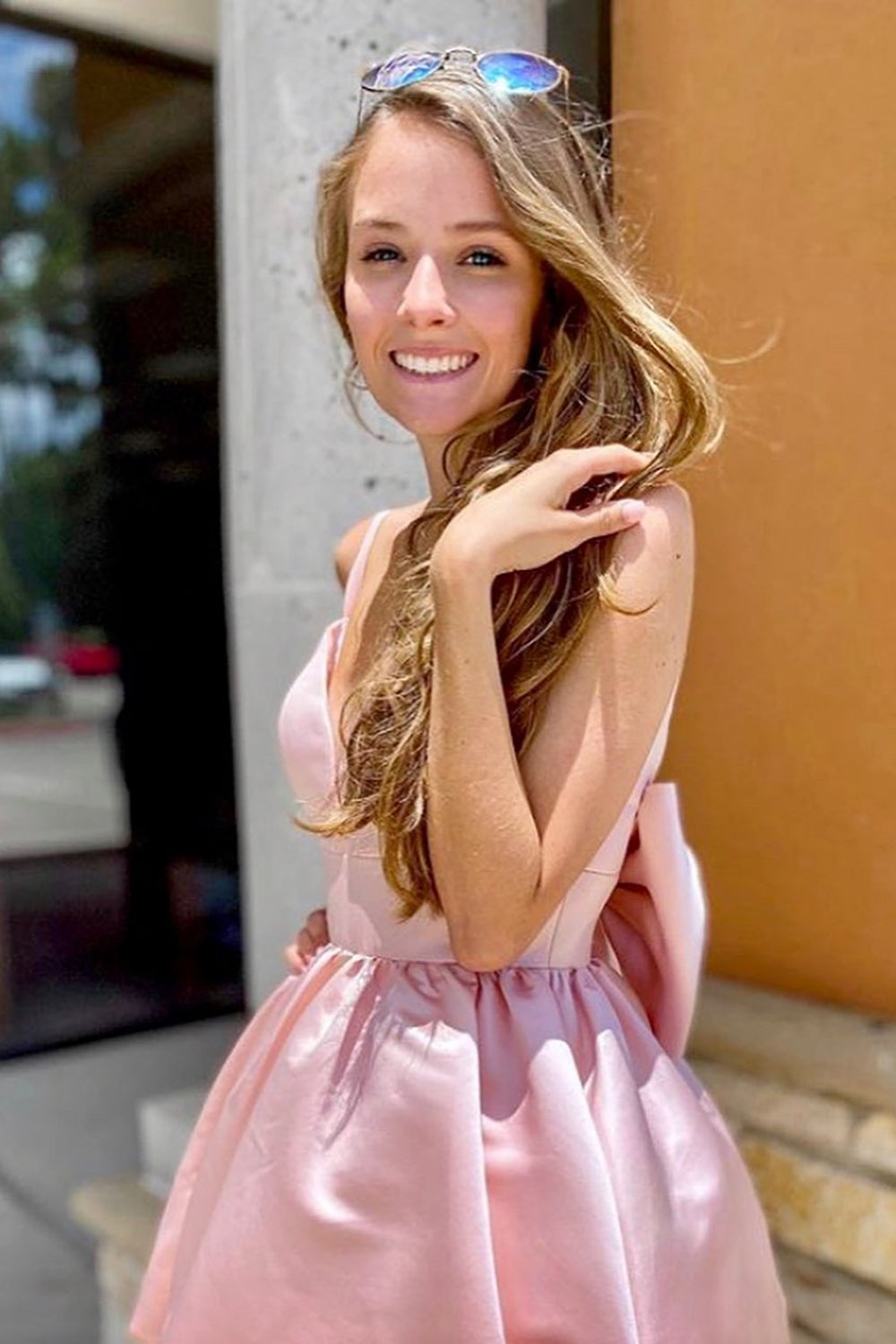 Pink A-line Spaghetti Straps Homecoming Dress With Bowtie - Fashionpara