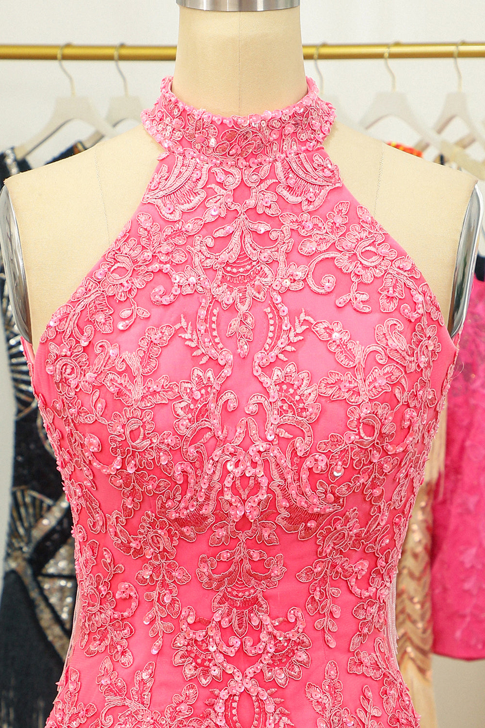 Pink Open Back Halter Lace Tight Homecoming Dress - Fashionpara