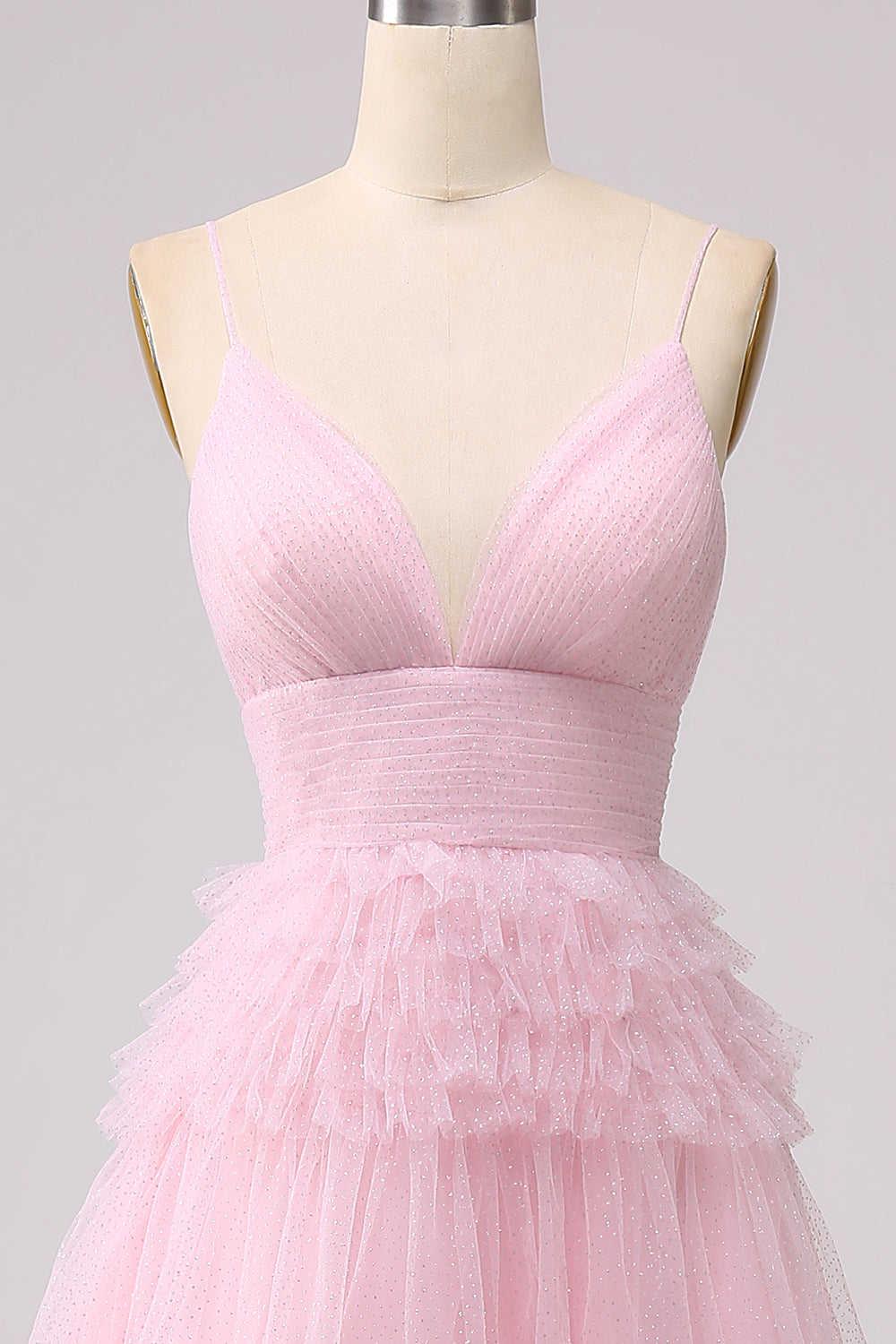 A Line Spaghetti Straps Light Pink Long Prom Dress with Ruffles