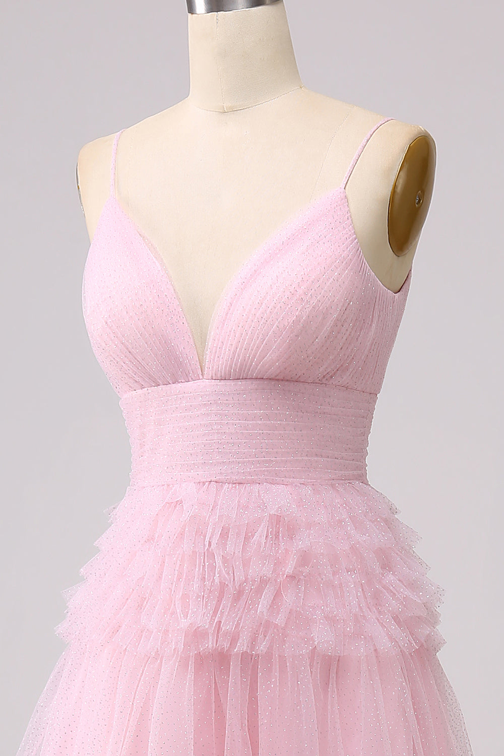 A Line Spaghetti Straps Light Pink Long Prom Dress with Ruffles