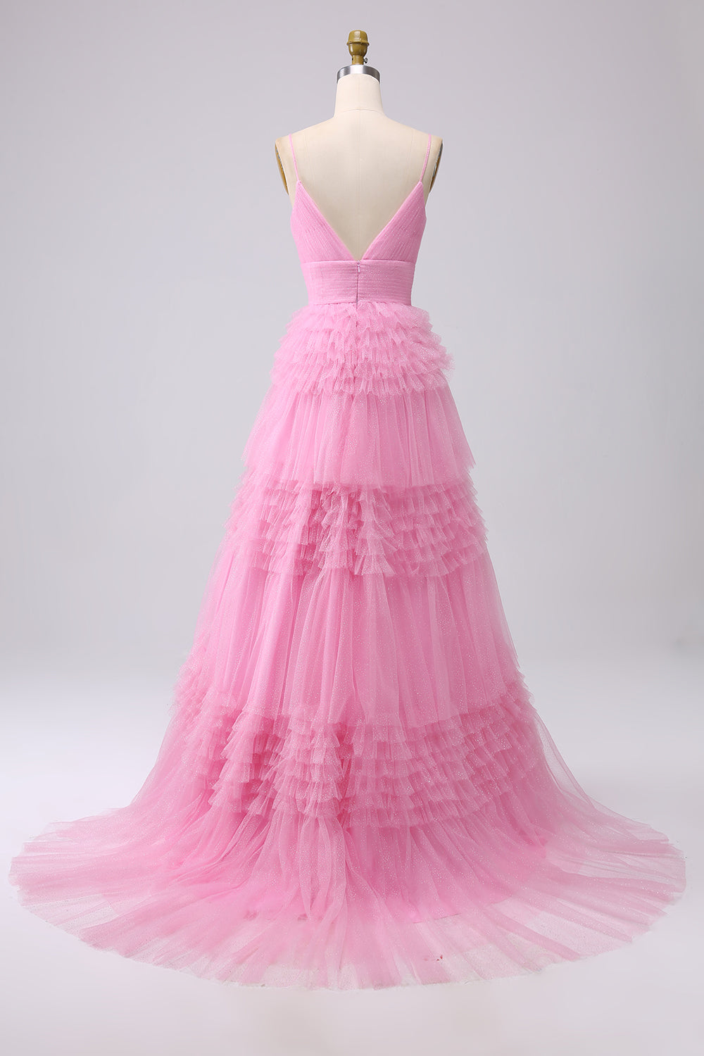 A Line Spaghetti Straps Light Pink Long Prom Dress with Ruffles
