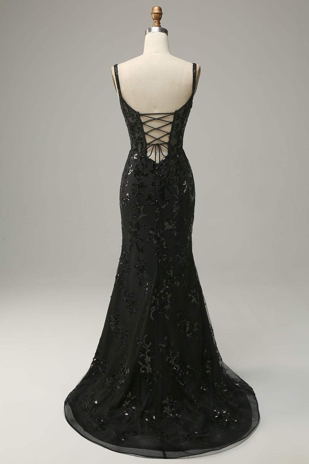Mermaid Spaghetti Straps Black Sequins Long Prom Dress with Split Front - Fashionpara