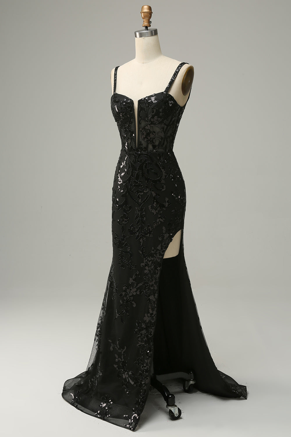 Mermaid Spaghetti Straps Black Sequins Long Prom Dress with Split Front - Fashionpara