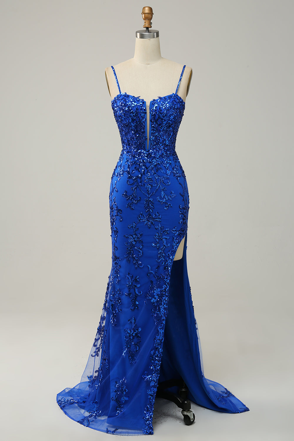 Mermaid Spaghetti Straps Black Sequins Long Prom Dress with Split Front - Fashionpara