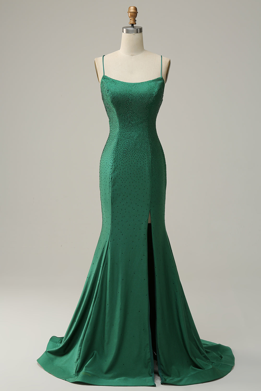 Mermaid Spaghetti Straps Dark Green Long Prom Dress with Beading - Fashionpara