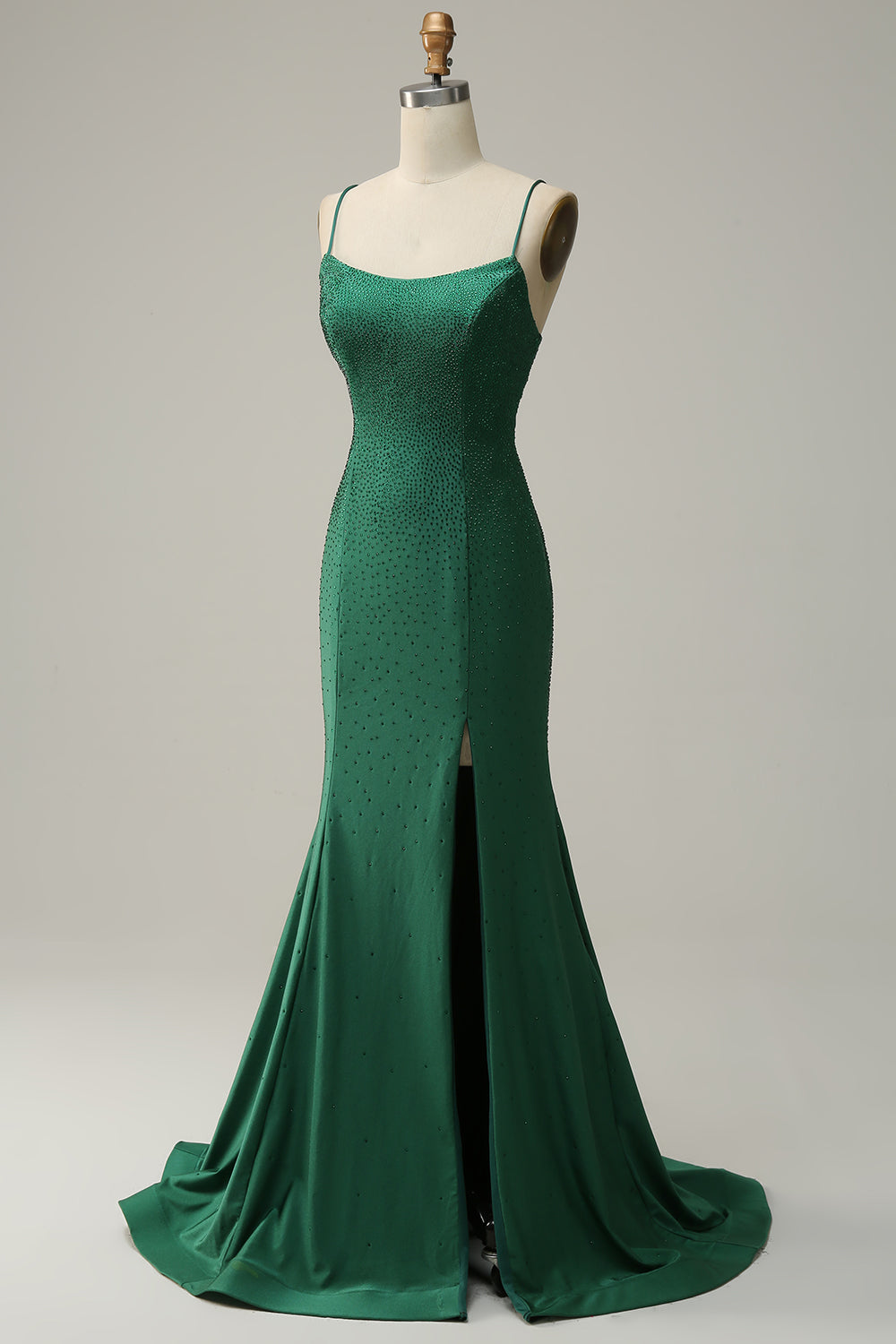 Mermaid Spaghetti Straps Dark Green Long Prom Dress with Beading - Fashionpara