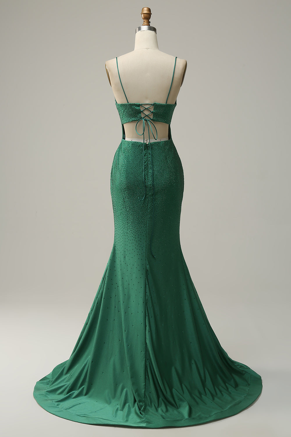 Mermaid Spaghetti Straps Dark Green Long Prom Dress with Beading - Fashionpara