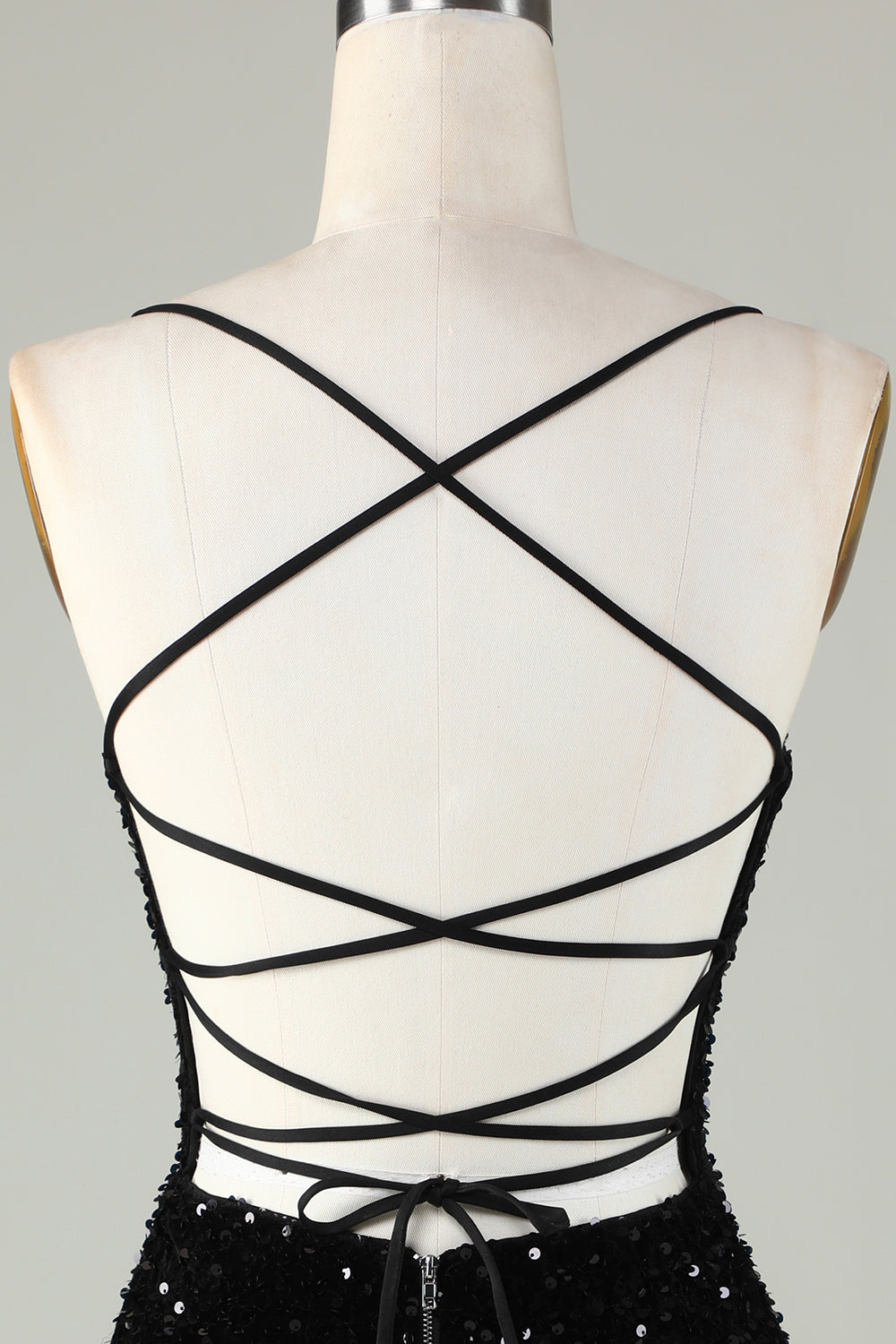 Black Spaghetti Straps Sequin Bodycon Homecoming Dress With Criss Cross Back