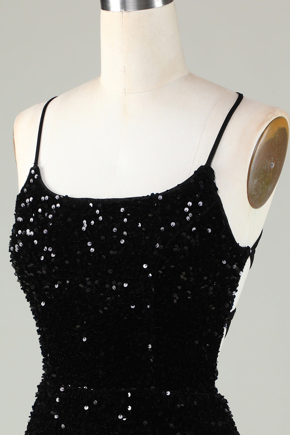 Black Spaghetti Straps Sequin Bodycon Homecoming Dress With Criss Cross Back