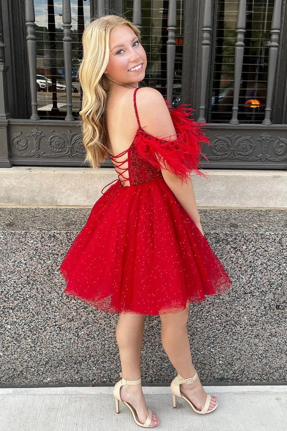 Anna A-Line Sparkling Tulle Corset Homecoming Dress with Feather Details - Fashionpara