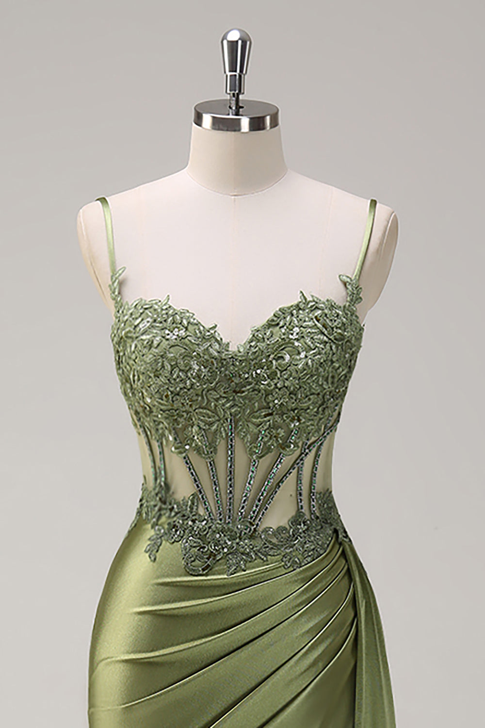 Green Mermaid Spaghetti Straps Pleated Long Corset Satin Prom Dress With Slit