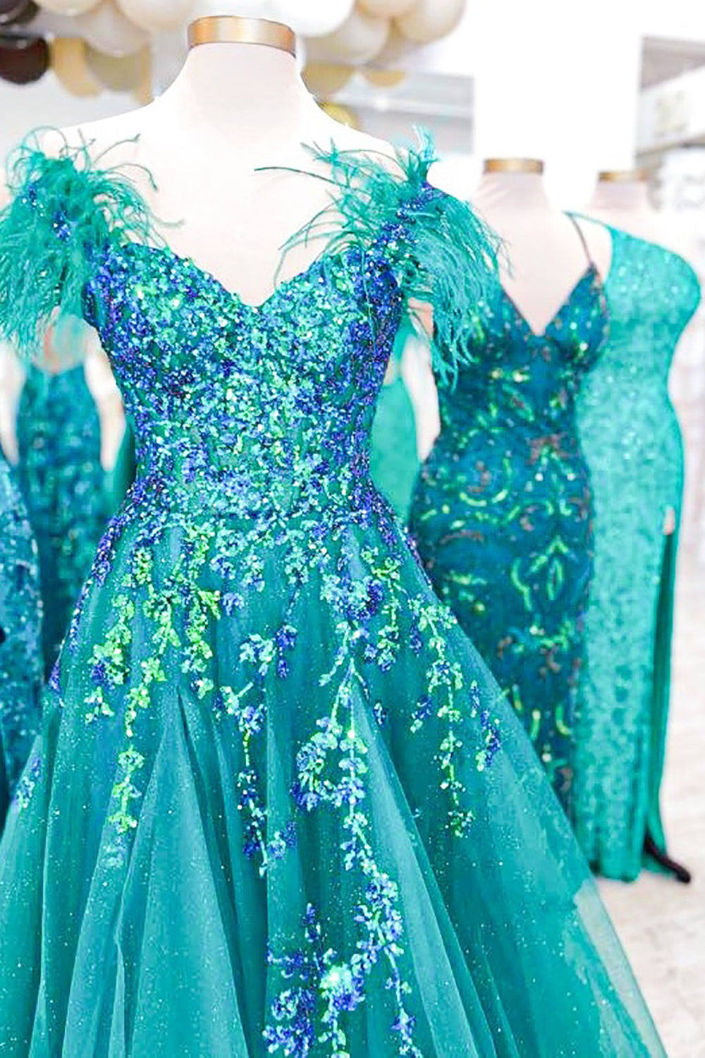 Princess A Line Off the Shoulder Green Long Prom Dress with Feather