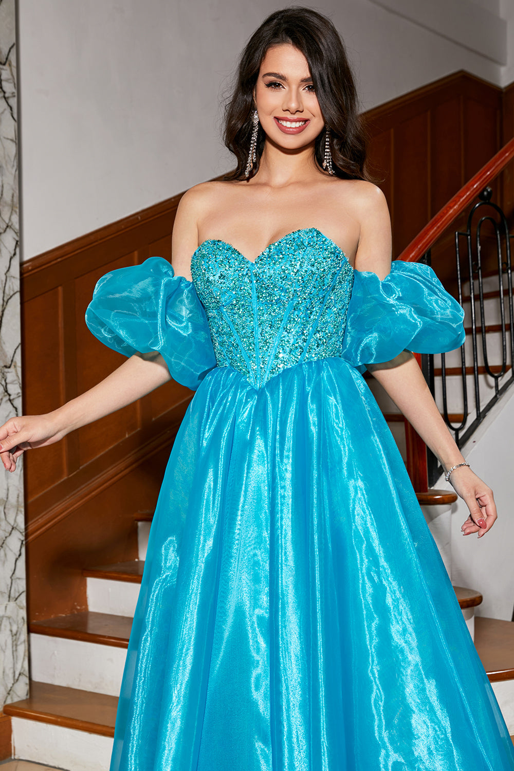A-Line Blue Corset Prom Dress with Beading