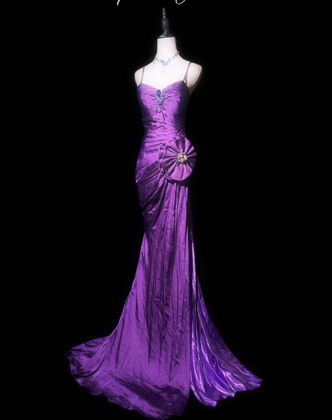 Sexy Spaghetti Straps Purple Satin Pleated Mermaid Long Prom Dress Evening Gown D984