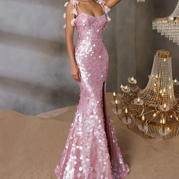 Sparkly Spaghetti Straps Pink Sequin Mermaid Slit Evening Dress Long Birthday Party Dress D1578