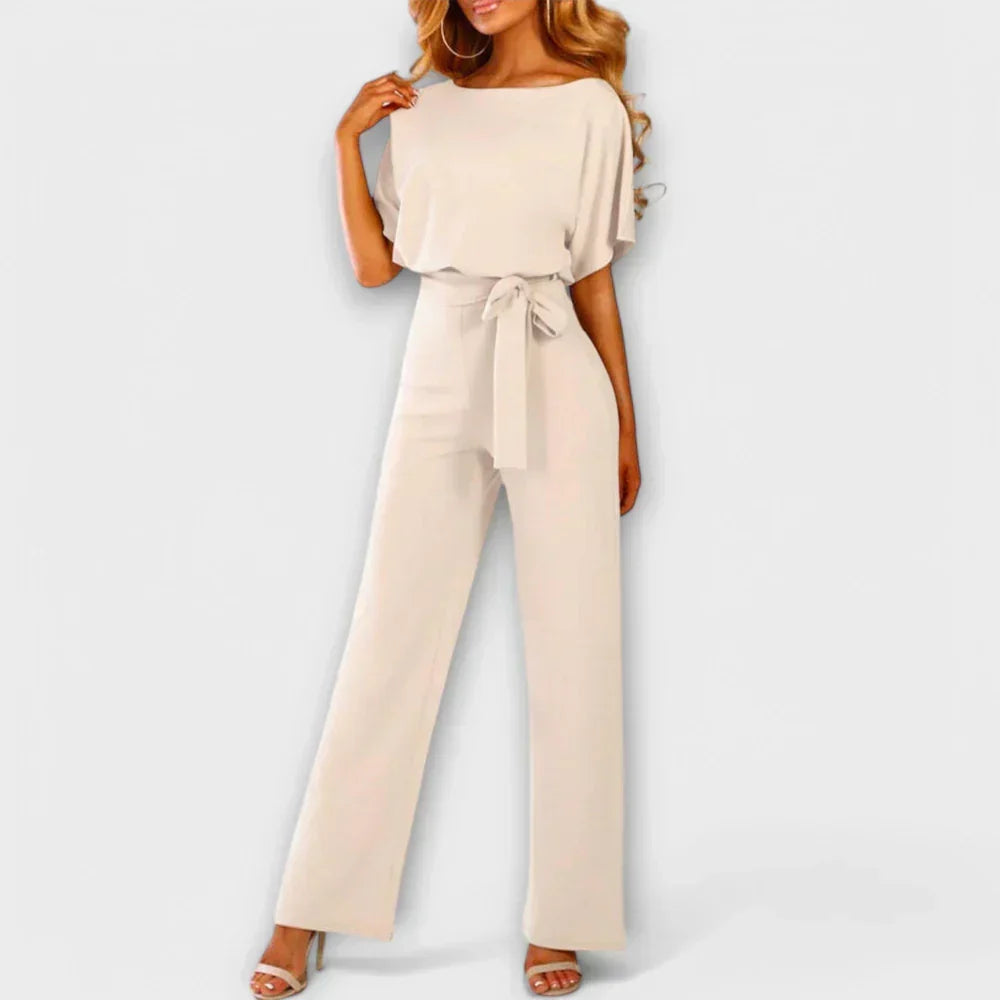 Boat Neck Batwing Sleeve Belted Wide Leg Jumpsuit