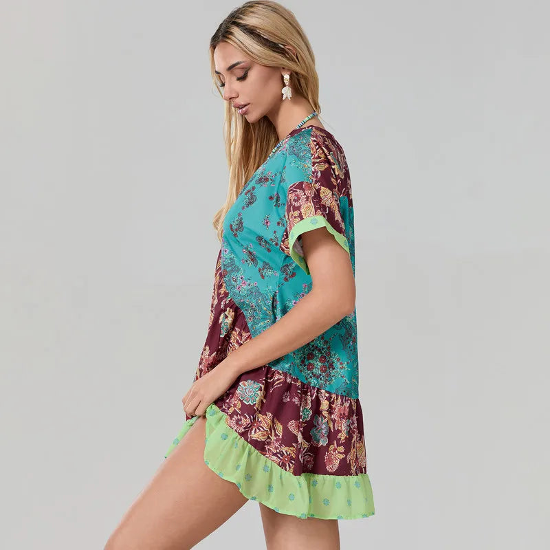 Boho Floral Print V-Neck Short Sleeve Mini Dress 2