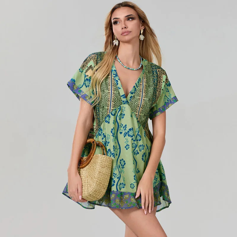 Boho Floral Print V-Neck Short Sleeve Mini Dress