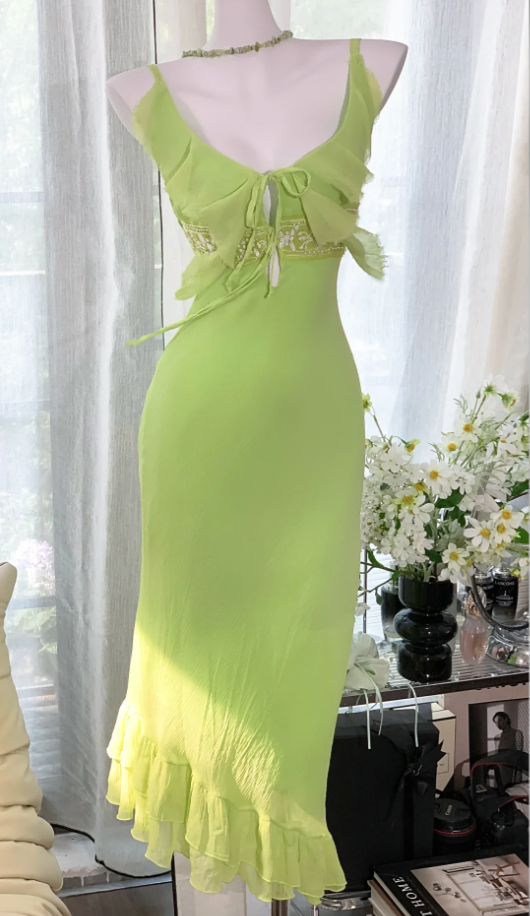 Classy Spaghetti Straps V Neck Green Chiffon Beaded Ruffles Long Party Dress Birthday Outfits D1376