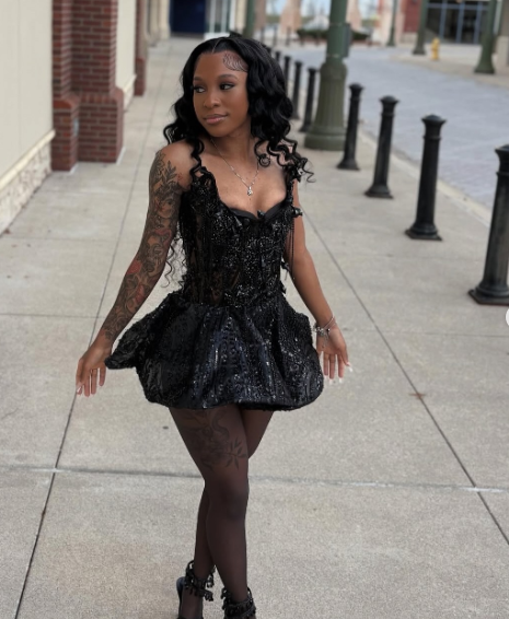 Cute Strapless Black Tulle Sequin Beaded A Line Short Party Dress Formal Homecoming Dress D488