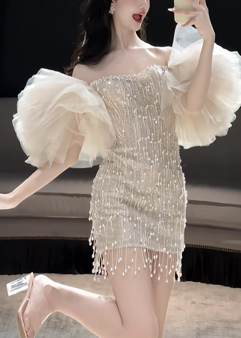 Glitter Light Champagne Sequin Beaded Sheath Short Prom Dress Birthday Outfits Formal Homecoming Dress D156