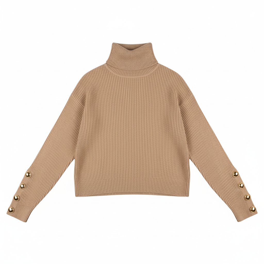 Turtleneck Long Sleeve Button Cuff Knit Sweater 2