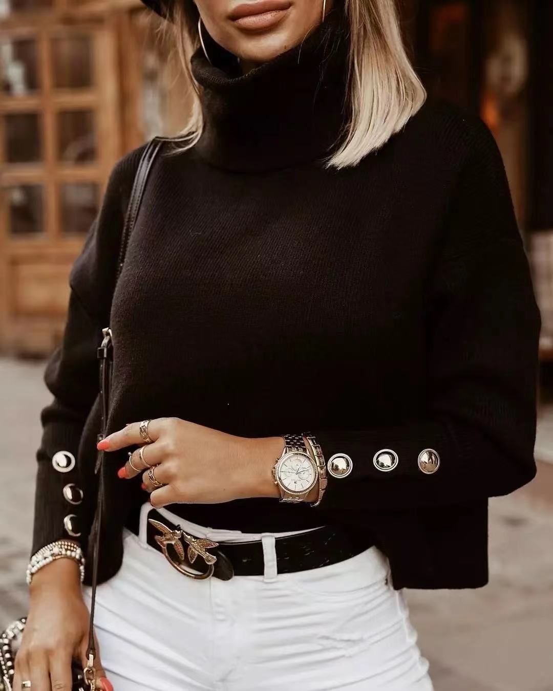 Turtleneck Long Sleeve Button Cuff Knit Sweater 6