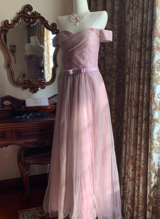 Sweet Pink Off The Shoulder Tulle A Line Long Birthday Party Dress Formal Wedding Guest Dress D1712