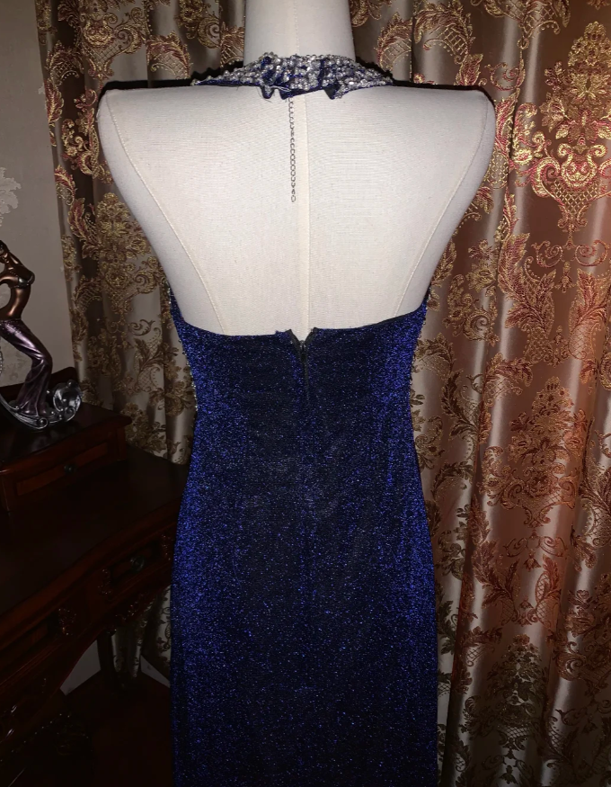 Pretty Halter Navy Blue Sequin Beaded Mermaid Long Evening Dress Birthday Party Dress D1723