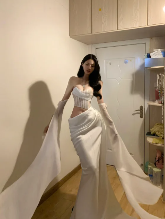 Sexy Strapless Satin Slit White Mermaid Long Prom Gown Party Dress D848